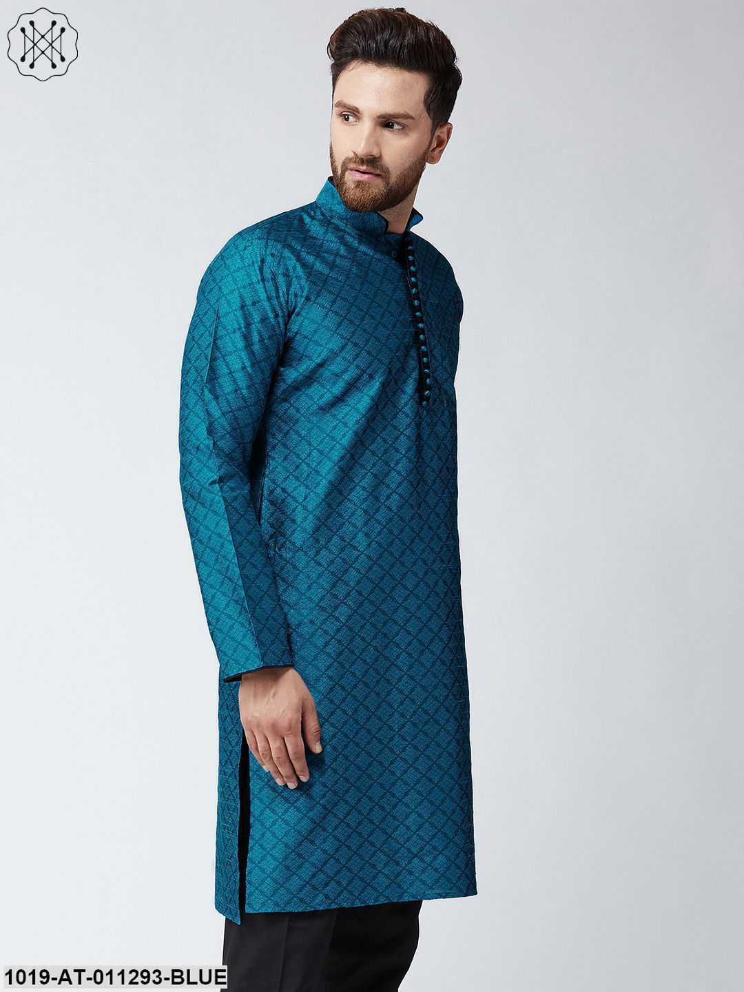 Men's Blue Jacquard Silk Only Long Kurta