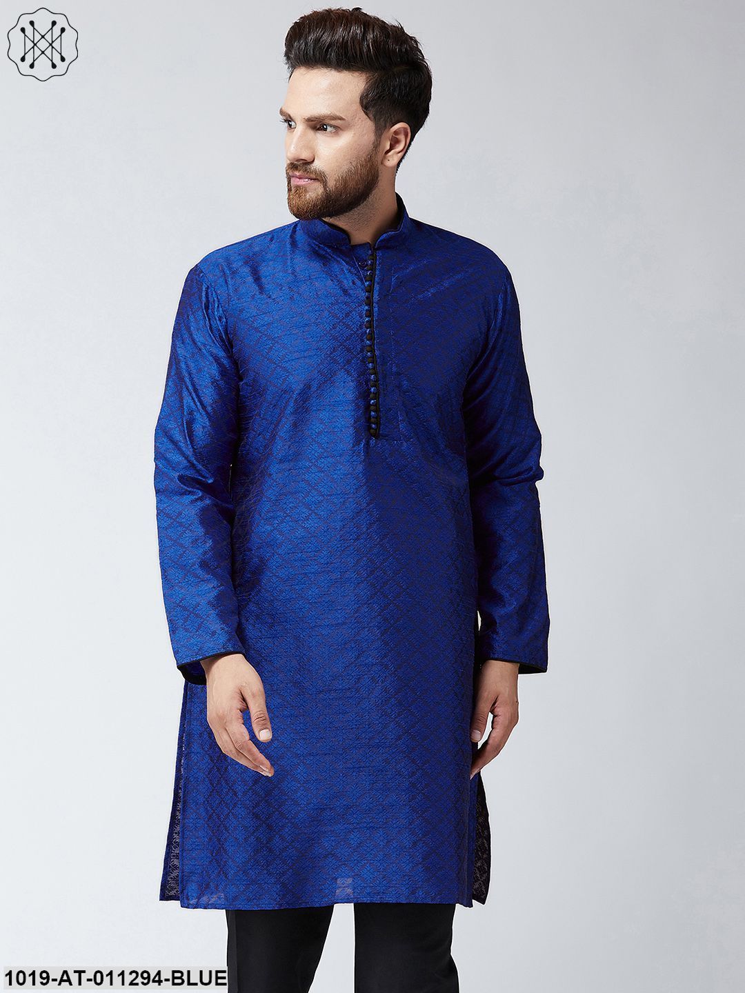 Men's Royal Blue Jacquard Silk Only Long Kurta