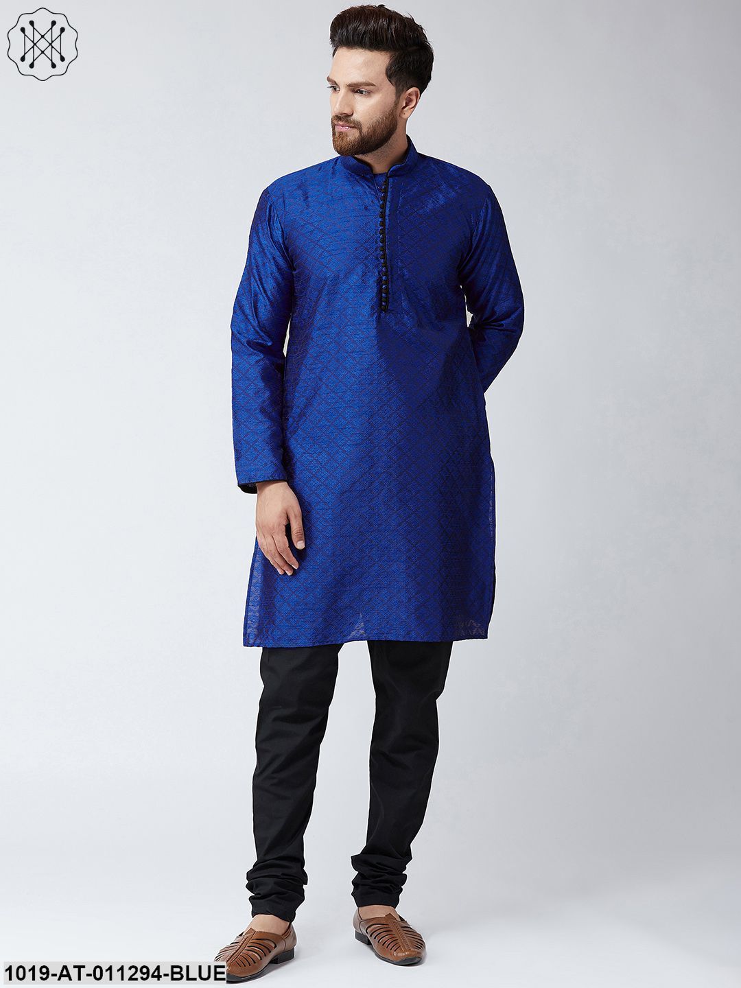 Men's Royal Blue Jacquard Silk Only Long Kurta