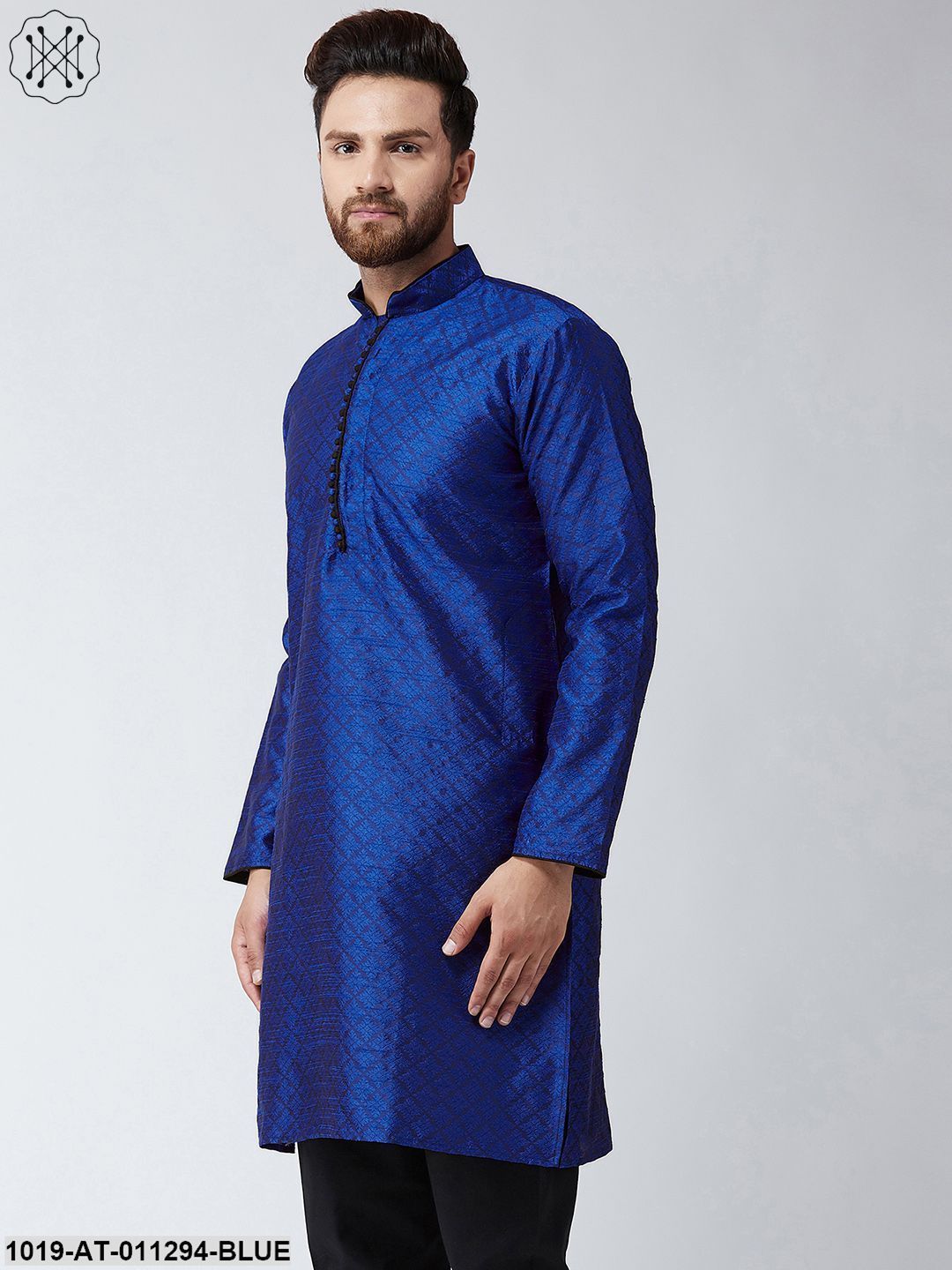 Men's Royal Blue Jacquard Silk Only Long Kurta