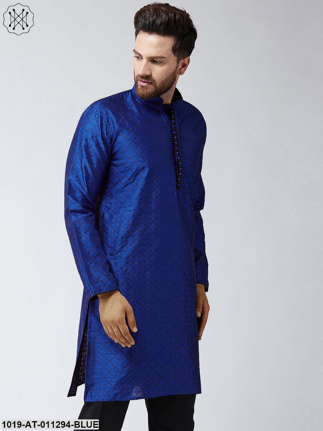Men's Royal Blue Jacquard Silk Only Long Kurta