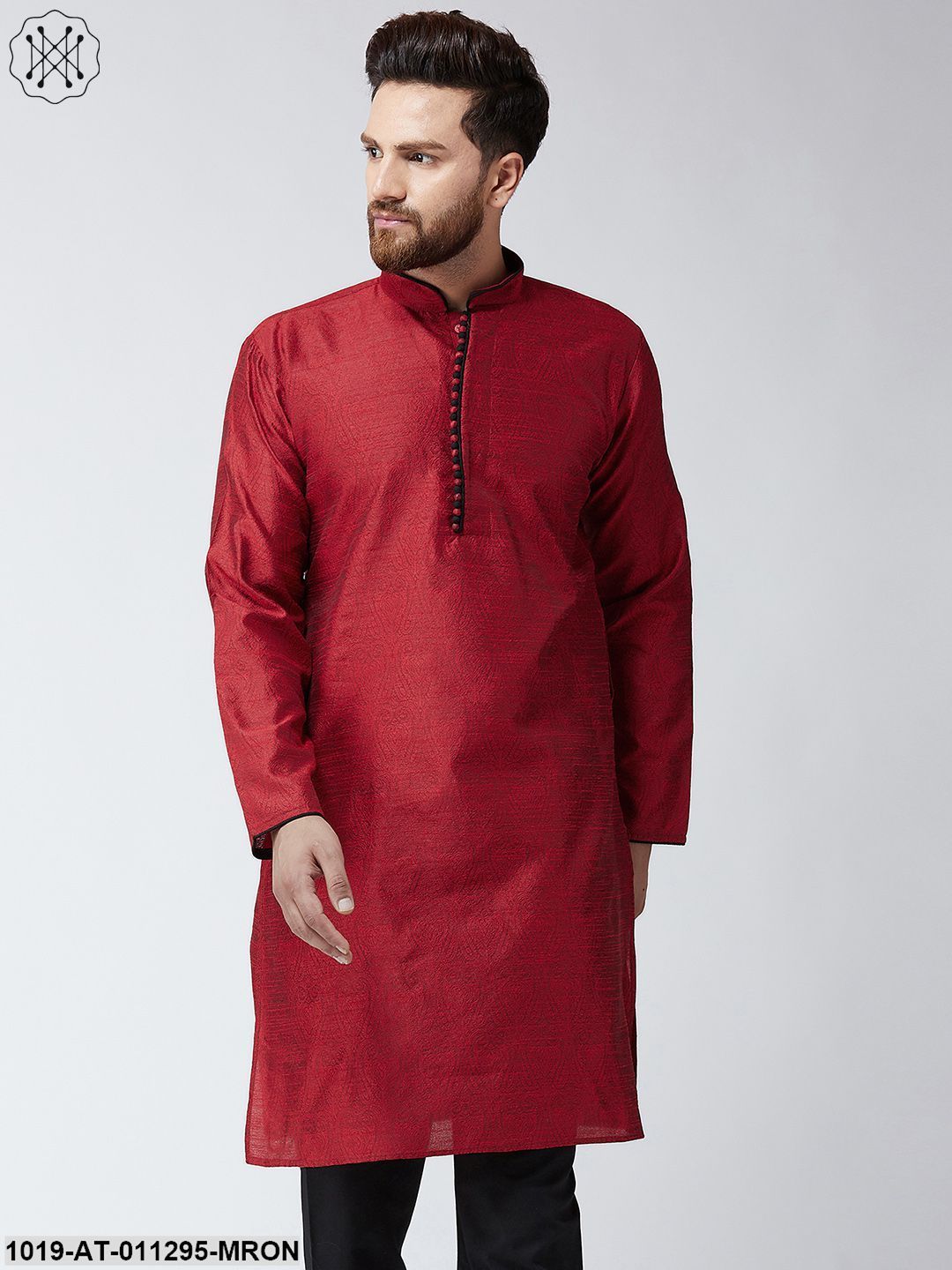 Men's Maroon Jacquard Silk Only Long Kurta