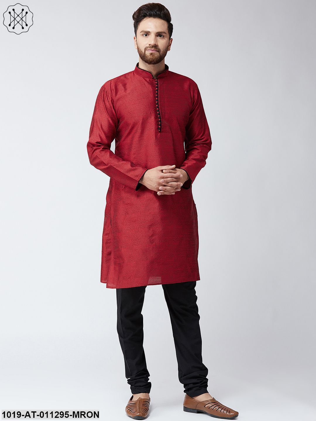 Men's Maroon Jacquard Silk Only Long Kurta