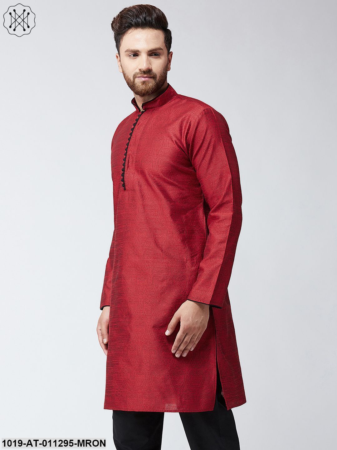 Men's Maroon Jacquard Silk Only Long Kurta