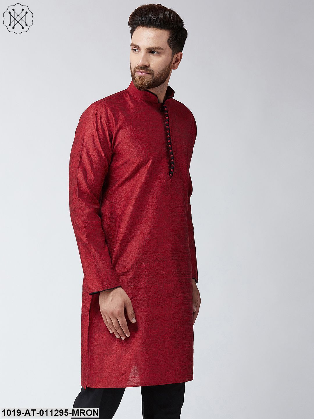 Men's Maroon Jacquard Silk Only Long Kurta