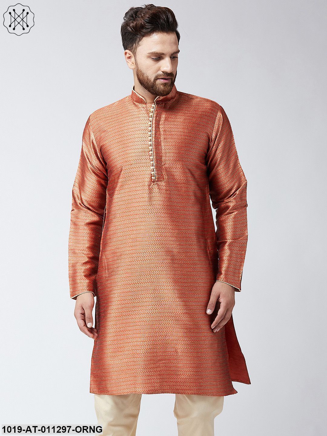 Men's Rust Jacquard Silk Only Long Kurta