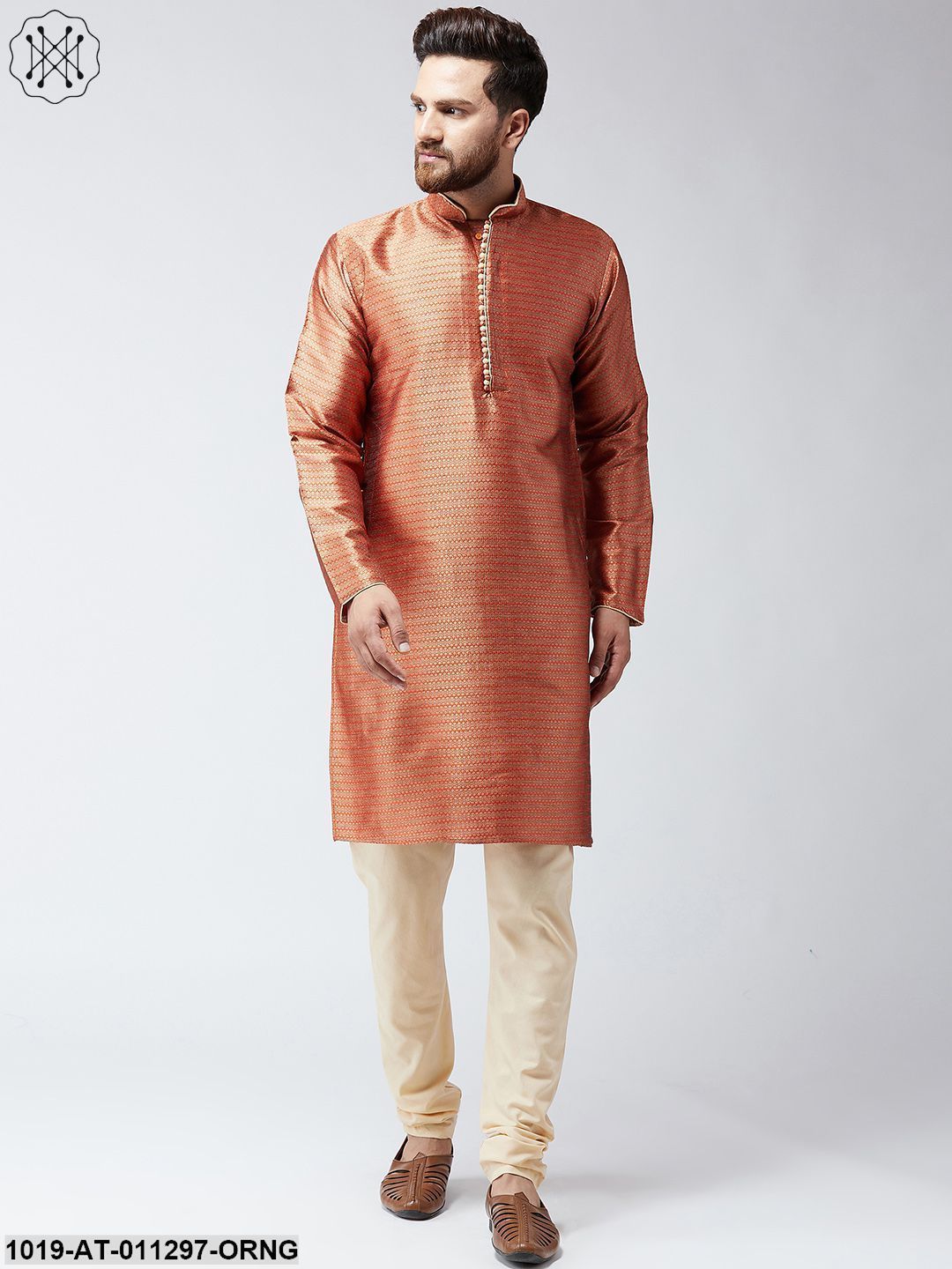 Men's Rust Jacquard Silk Only Long Kurta
