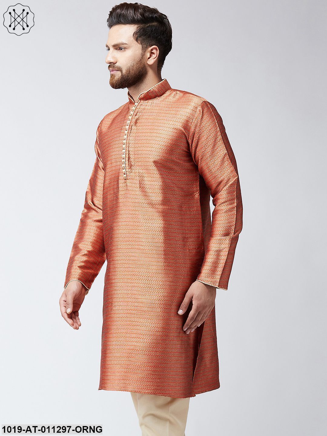 Men's Rust Jacquard Silk Only Long Kurta