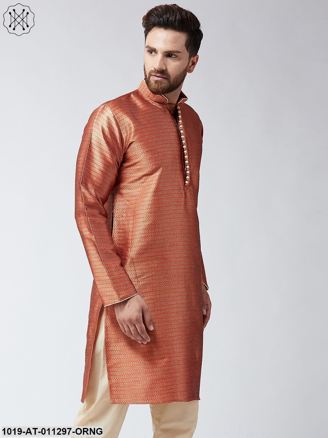 Men's Rust Jacquard Silk Only Long Kurta