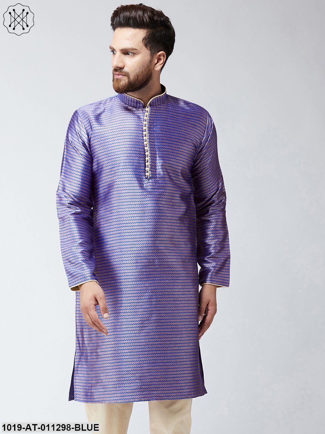Men's Orange Jacquard Silk Only Long Kurta