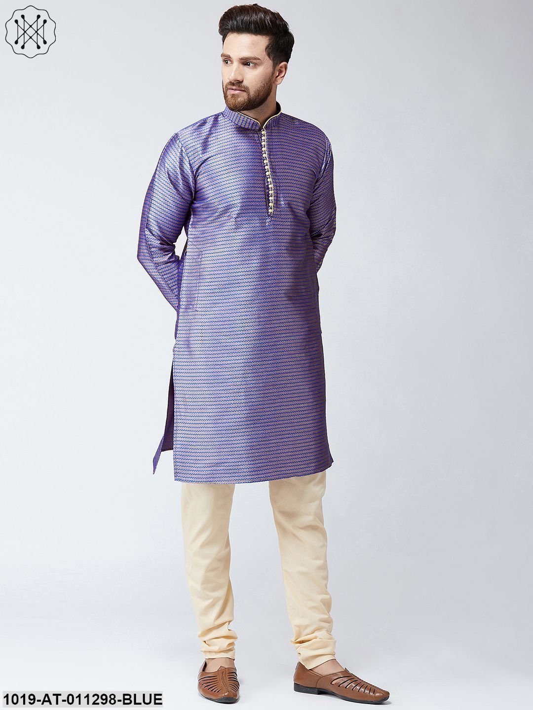 Men's Orange Jacquard Silk Only Long Kurta