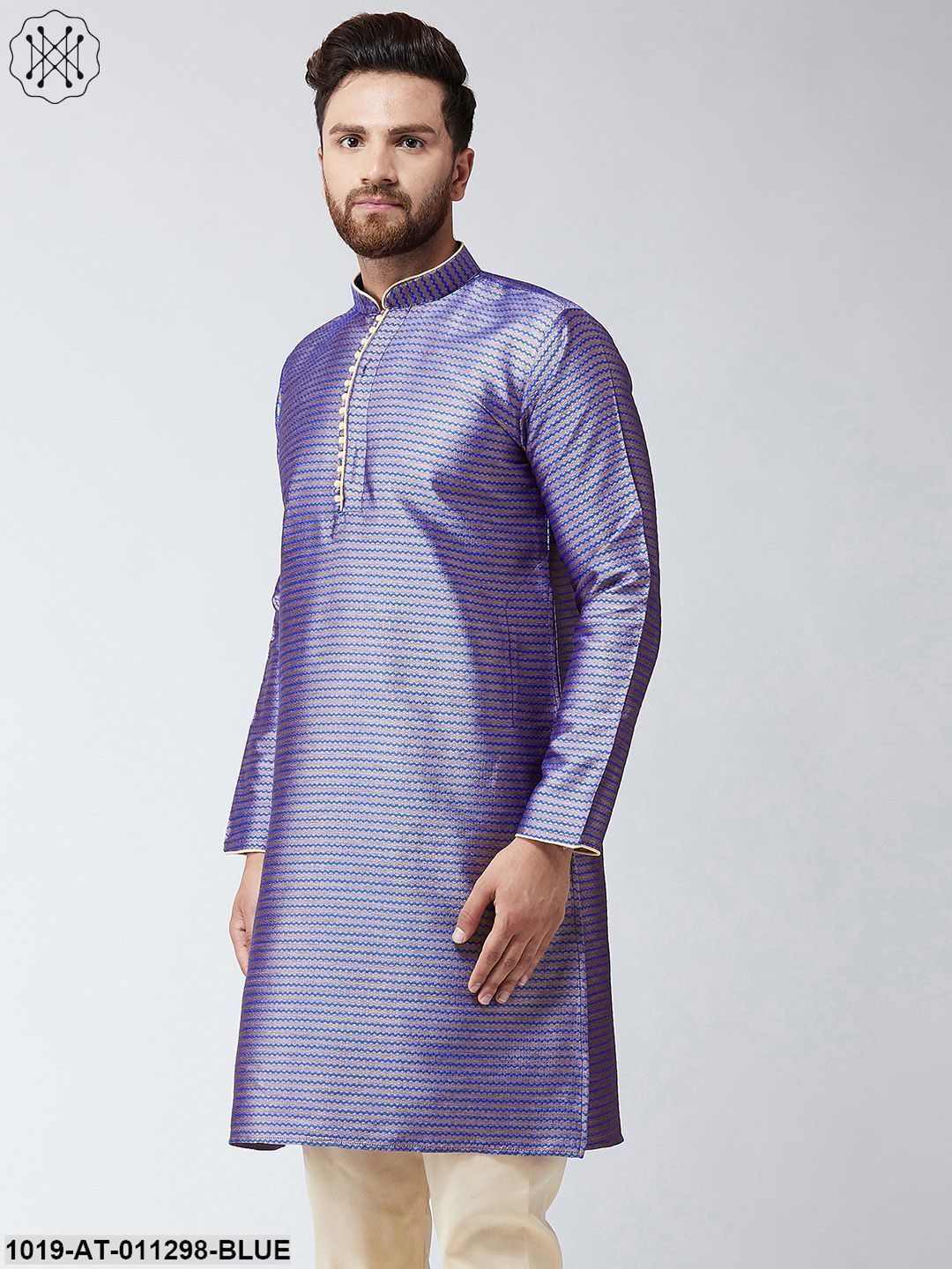Men's Orange Jacquard Silk Only Long Kurta