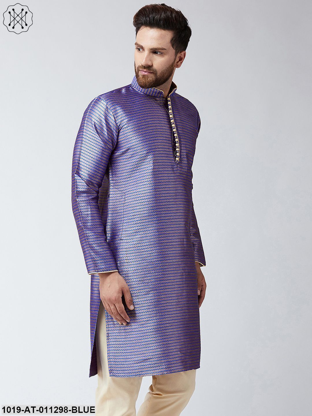 Men's Orange Jacquard Silk Only Long Kurta