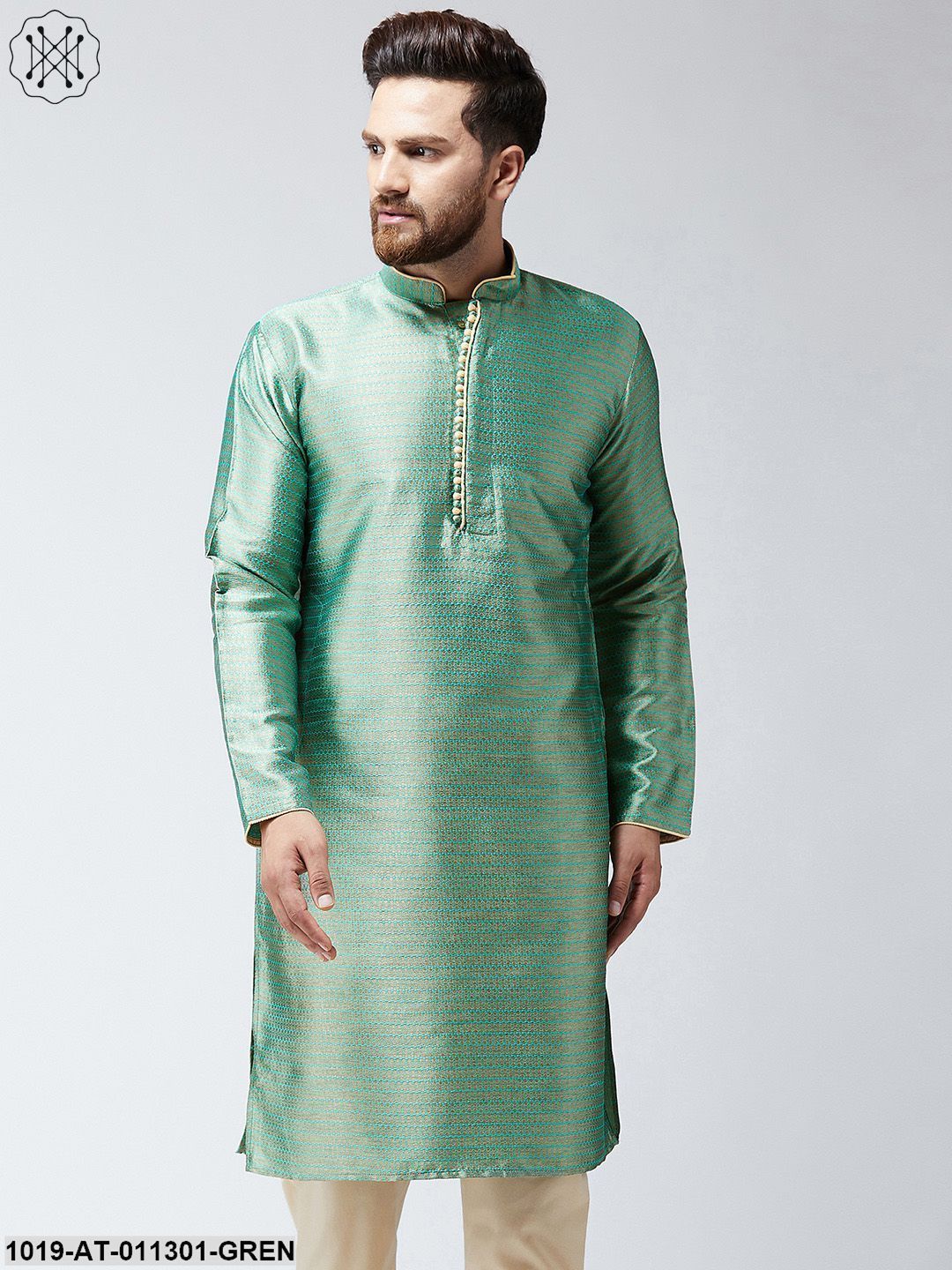 Men's Green Jacquard Silk Only Long Kurta