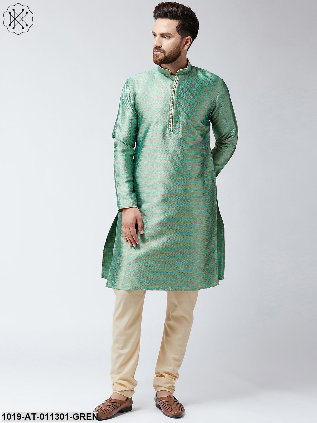 Men's Green Jacquard Silk Only Long Kurta