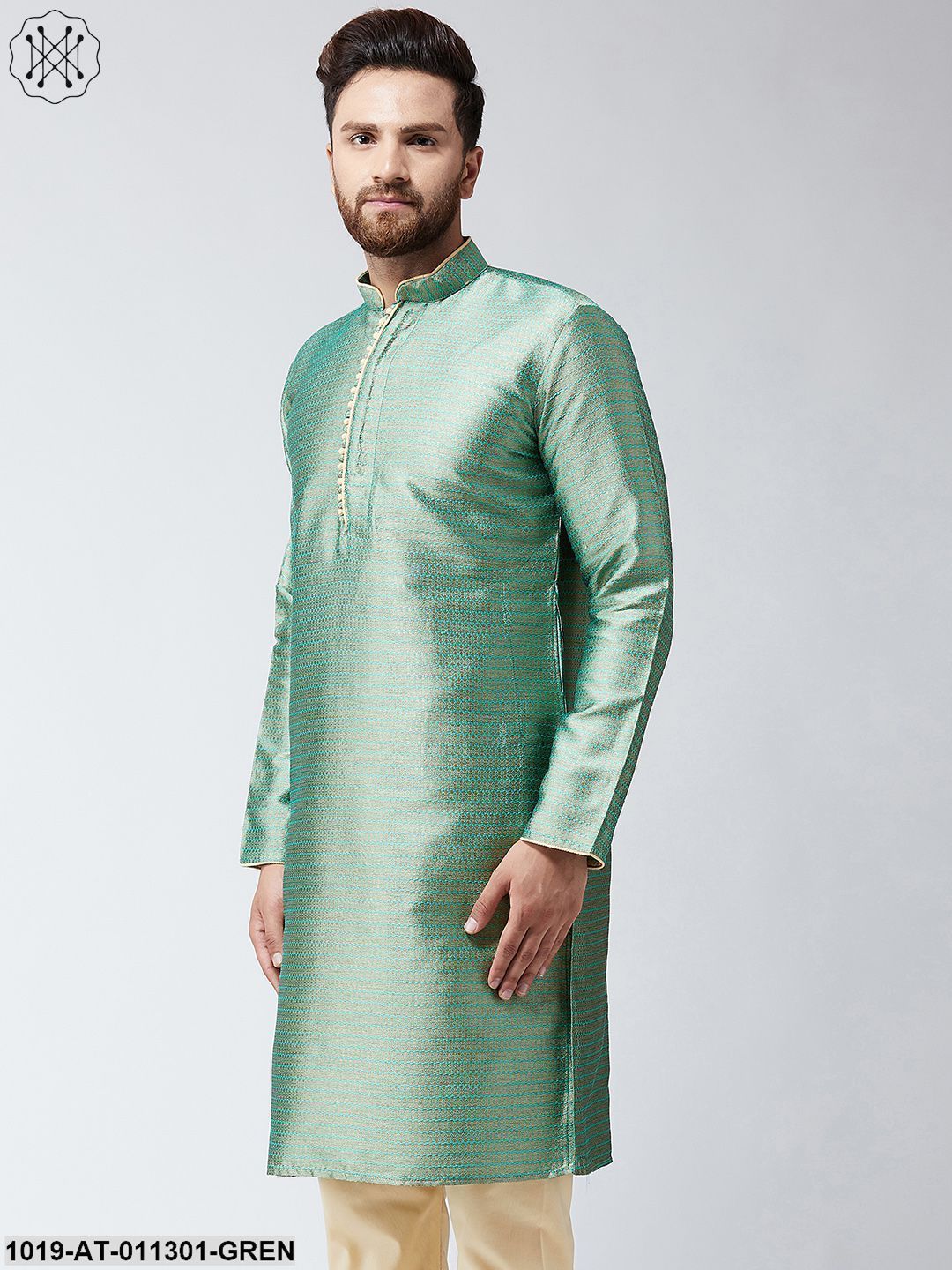 Men's Green Jacquard Silk Only Long Kurta
