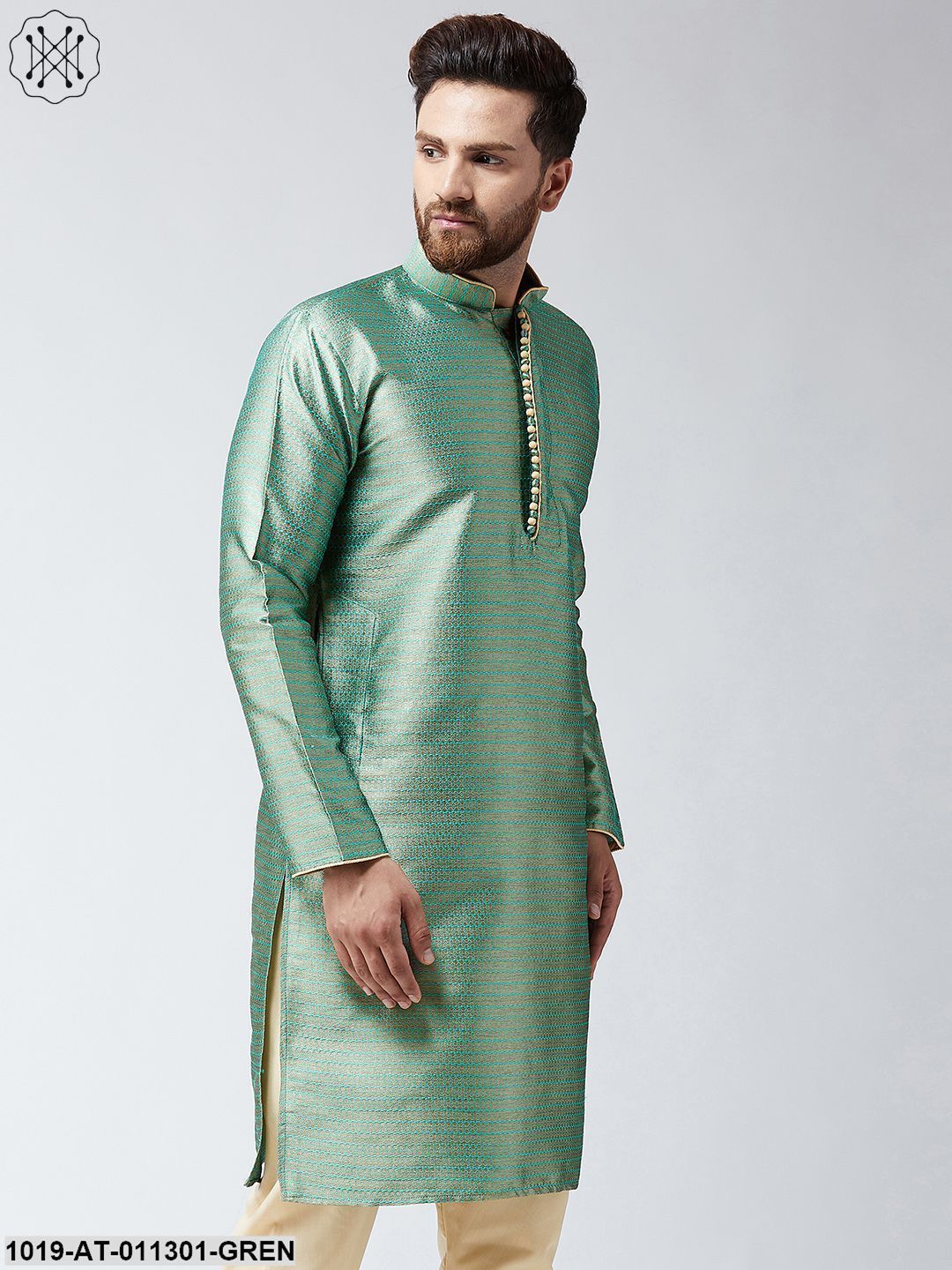 Men's Green Jacquard Silk Only Long Kurta