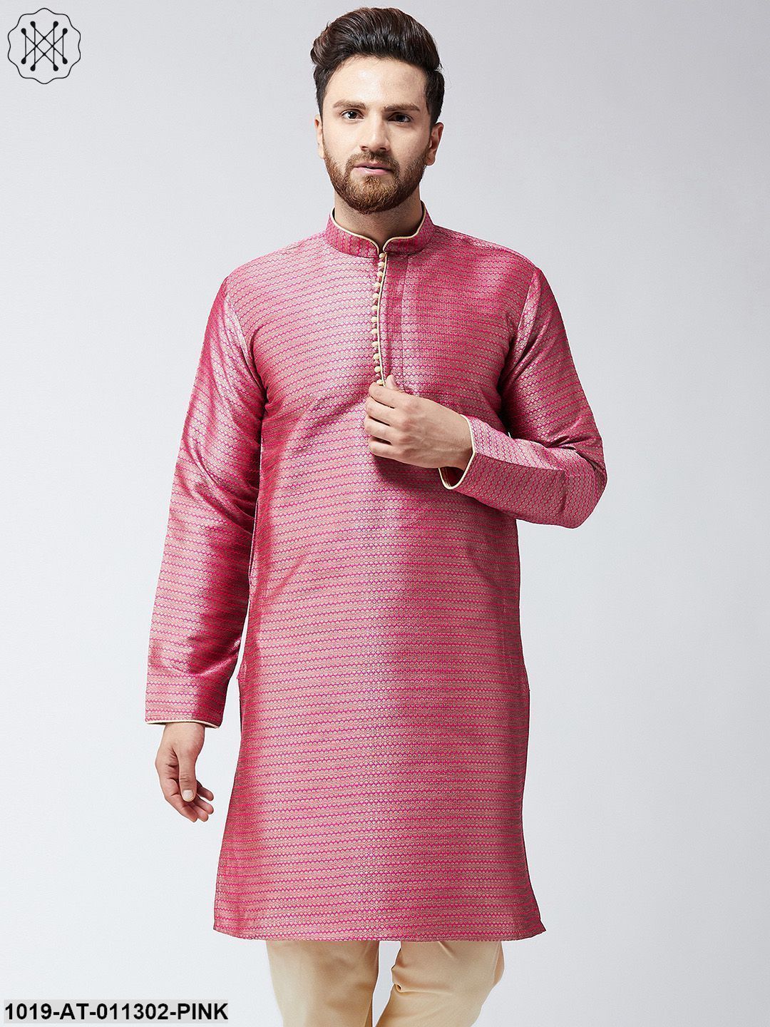 Men's Pink Jacquard Silk Only Long Kurta