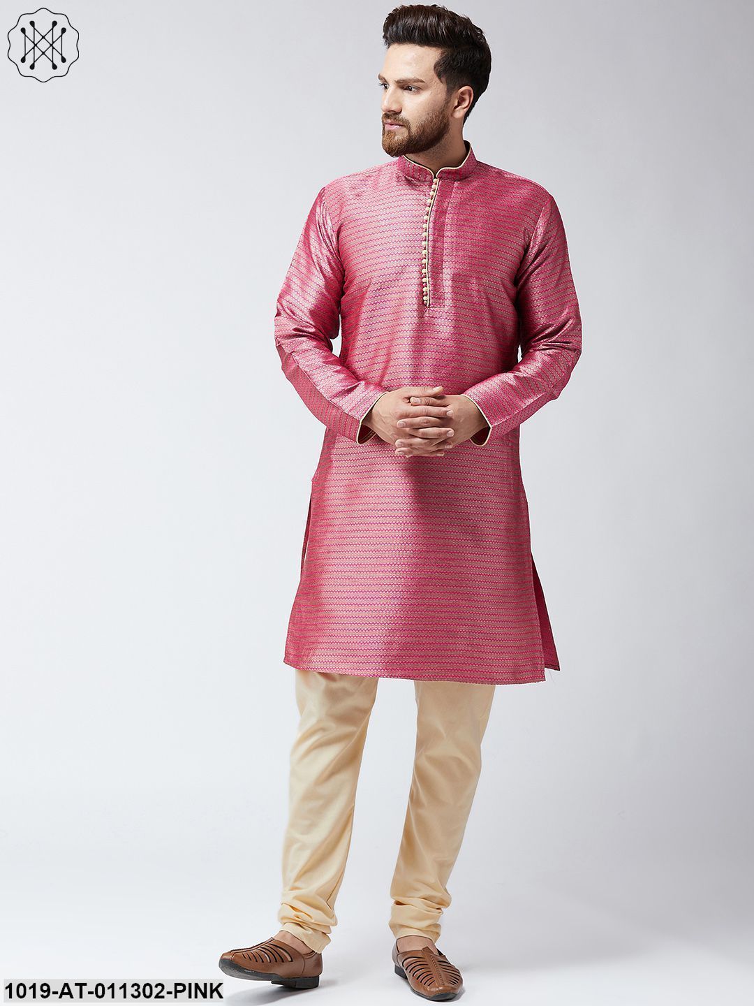 Men's Pink Jacquard Silk Only Long Kurta