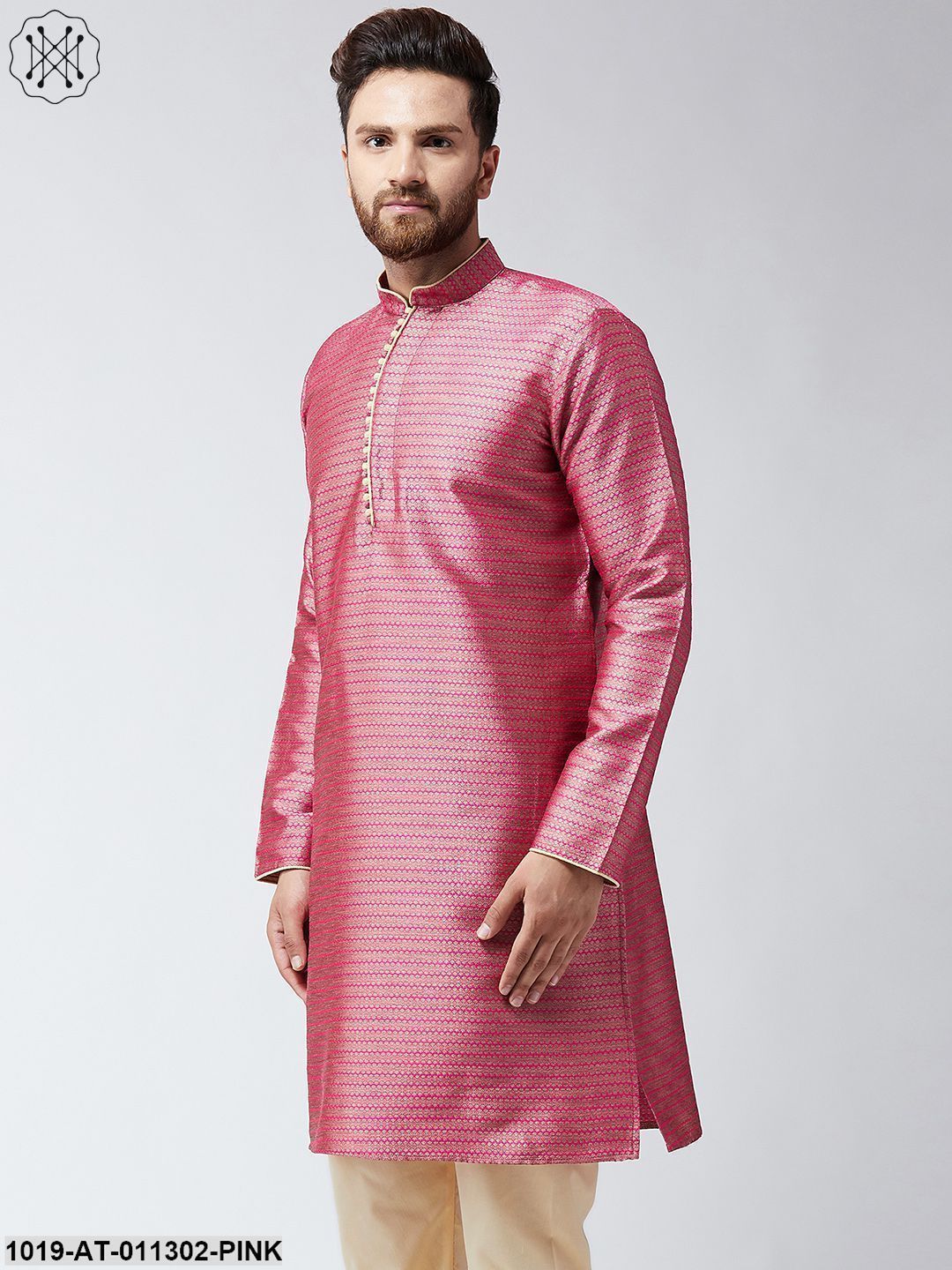 Men's Pink Jacquard Silk Only Long Kurta