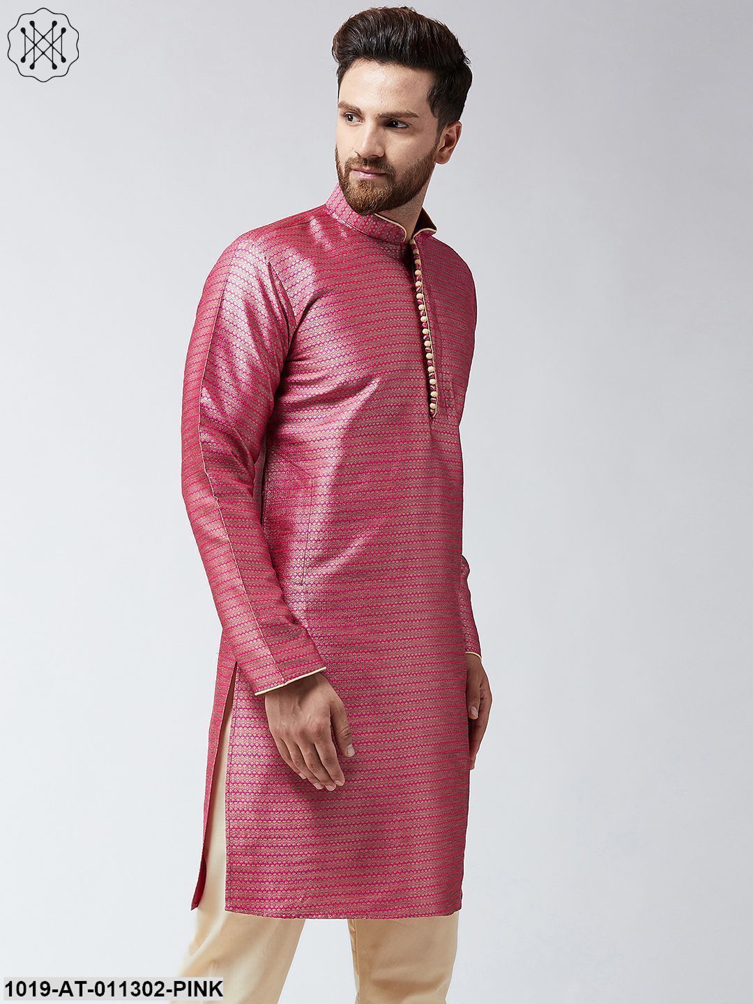 Men's Pink Jacquard Silk Only Long Kurta