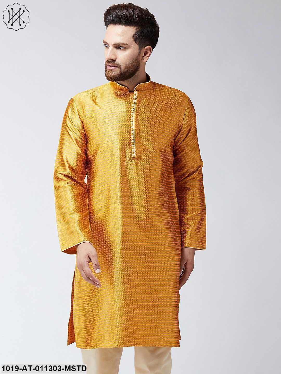 Men's Mustard Jacquard Silk Only Long Kurta
