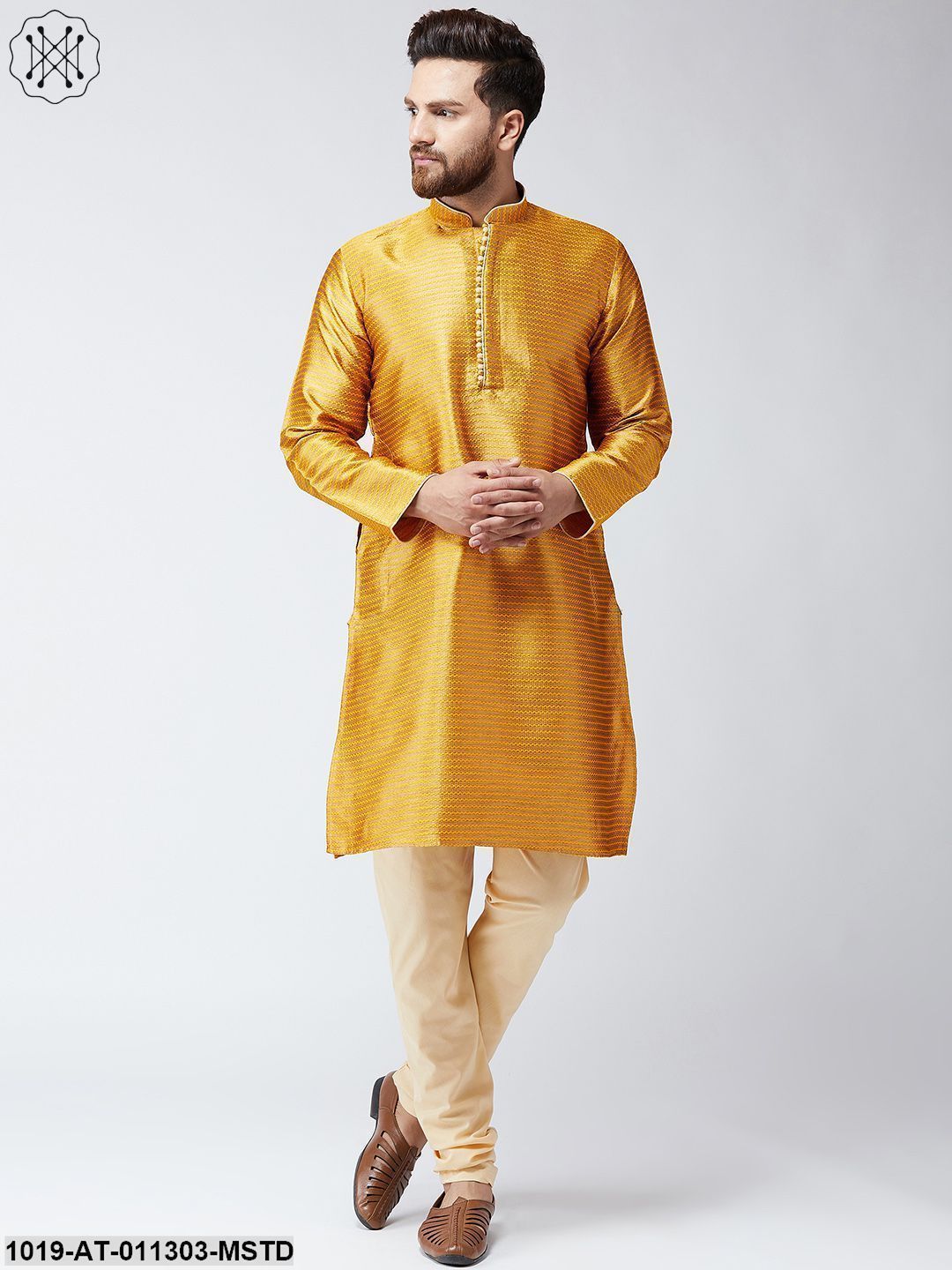 Men's Mustard Jacquard Silk Only Long Kurta