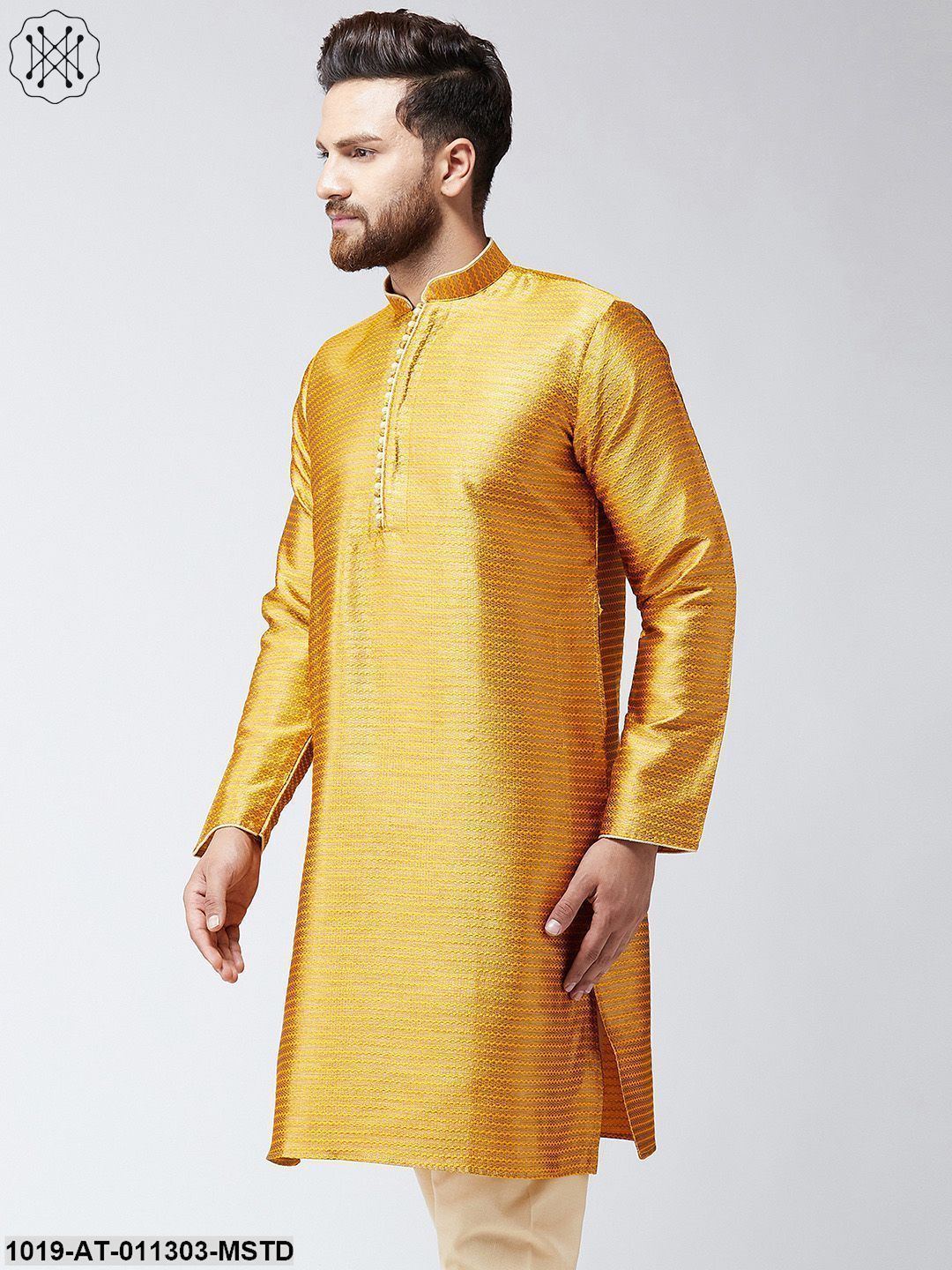 Men's Mustard Jacquard Silk Only Long Kurta