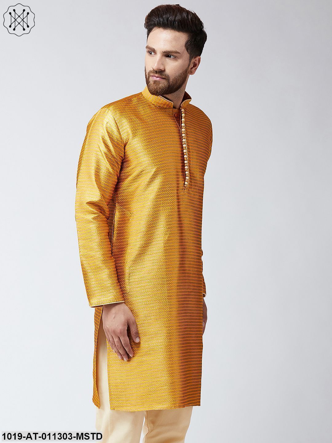 Men's Mustard Jacquard Silk Only Long Kurta