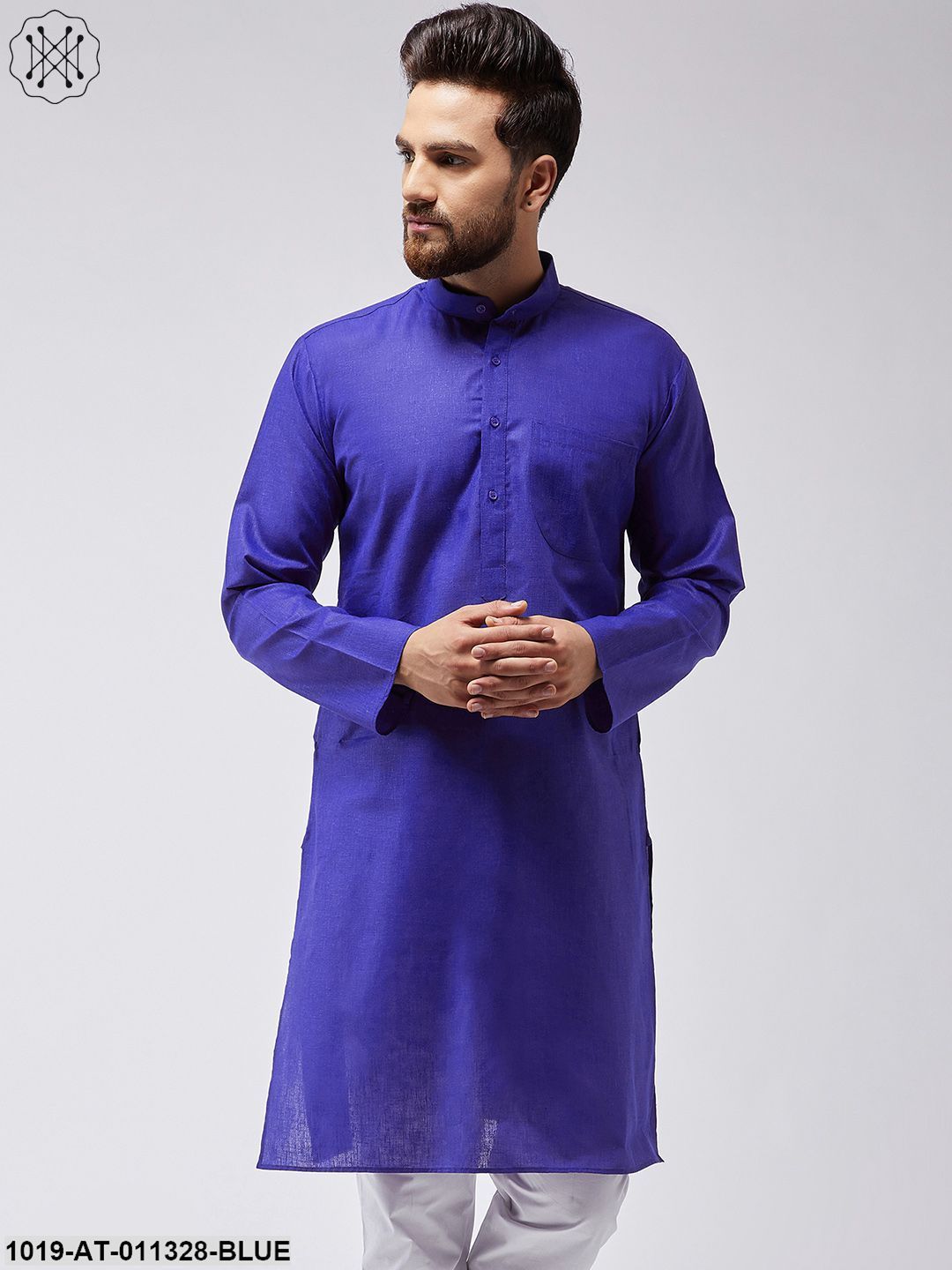 Men's Cotton Linen Royal Blue Only Long Kurta - Sojanya