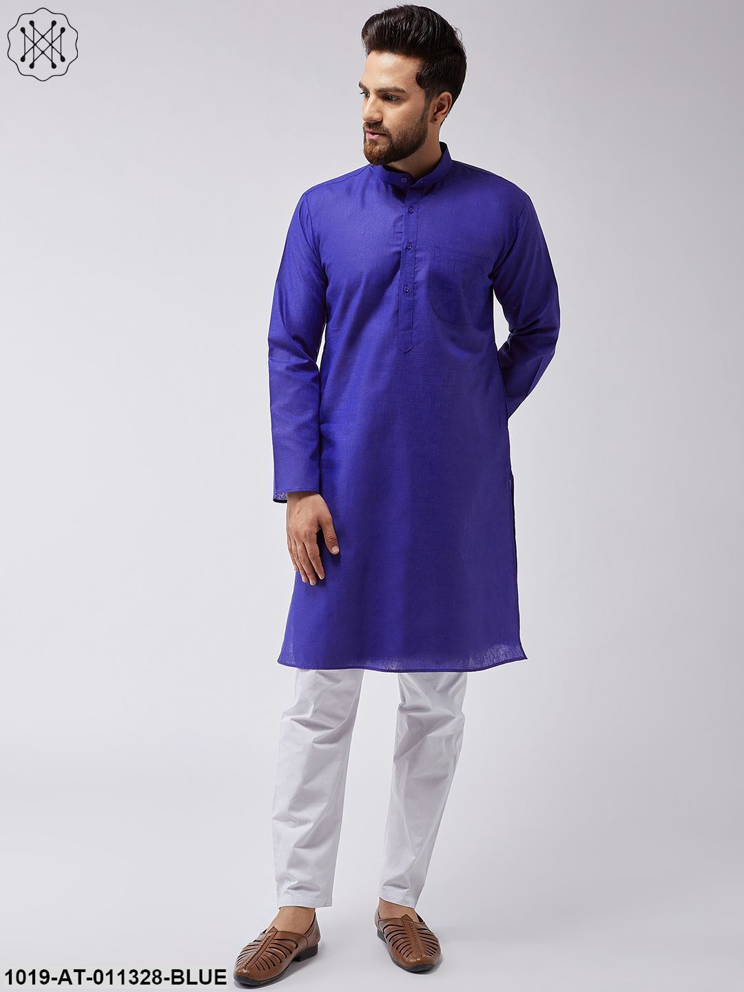 Men's Cotton Linen Royal Blue Only Long Kurta - Sojanya