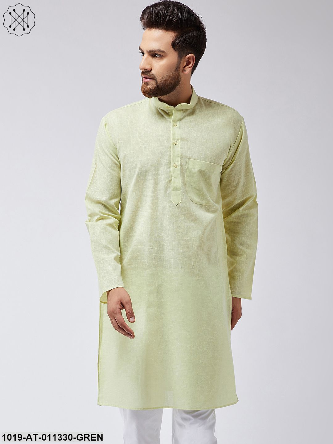 Men's Cotton Linen Lime Green Only Long Kurta - Sojanya