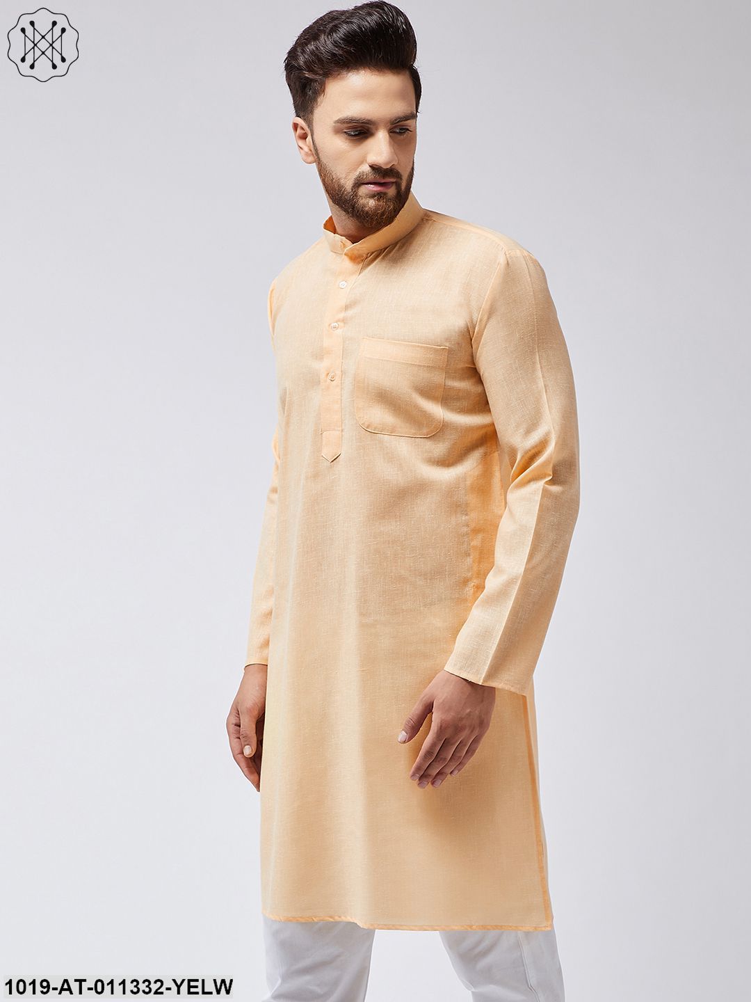 Men's Cotton Linen Yellow Only Long Kurta - Sojanya