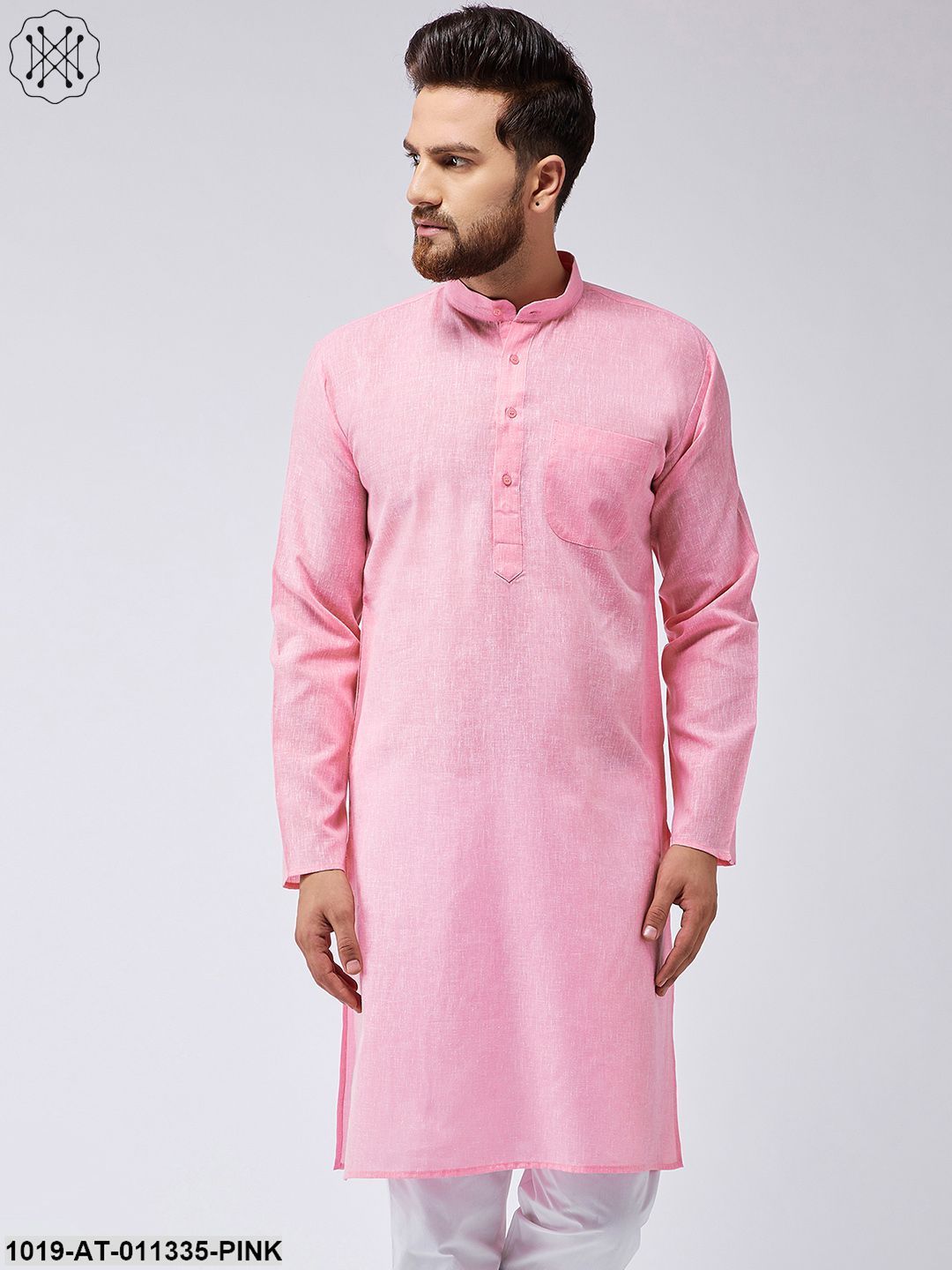 Men's Cotton Linen Pink Only Long Kurta - Sojanya