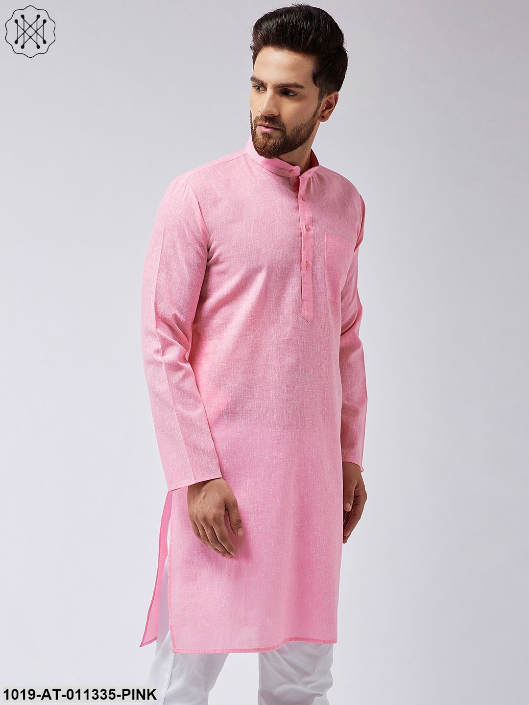 Men's Cotton Linen Pink Only Long Kurta - Sojanya