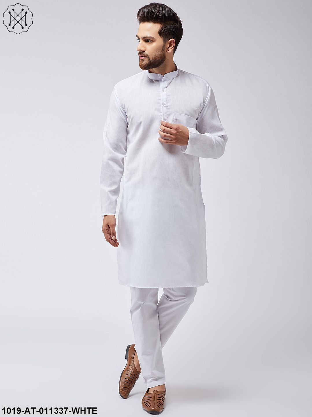 Men's Cotton Linen White Only Long Kurta - Sojanya