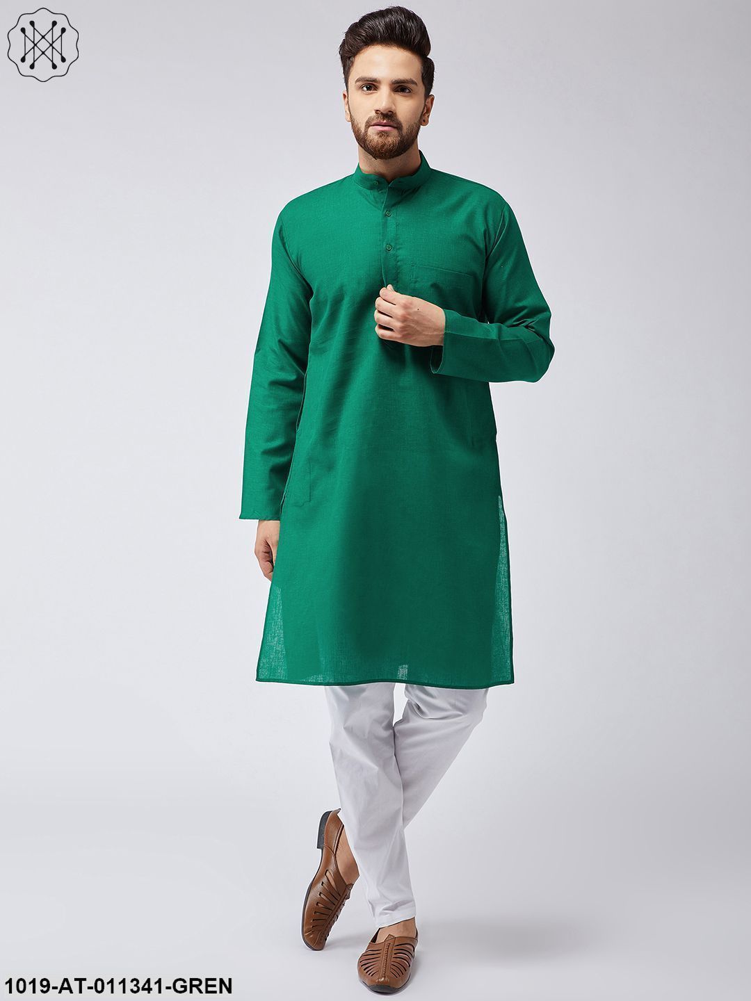 Men's Cotton Linen Dark Green Only Long Kurta - Sojanya