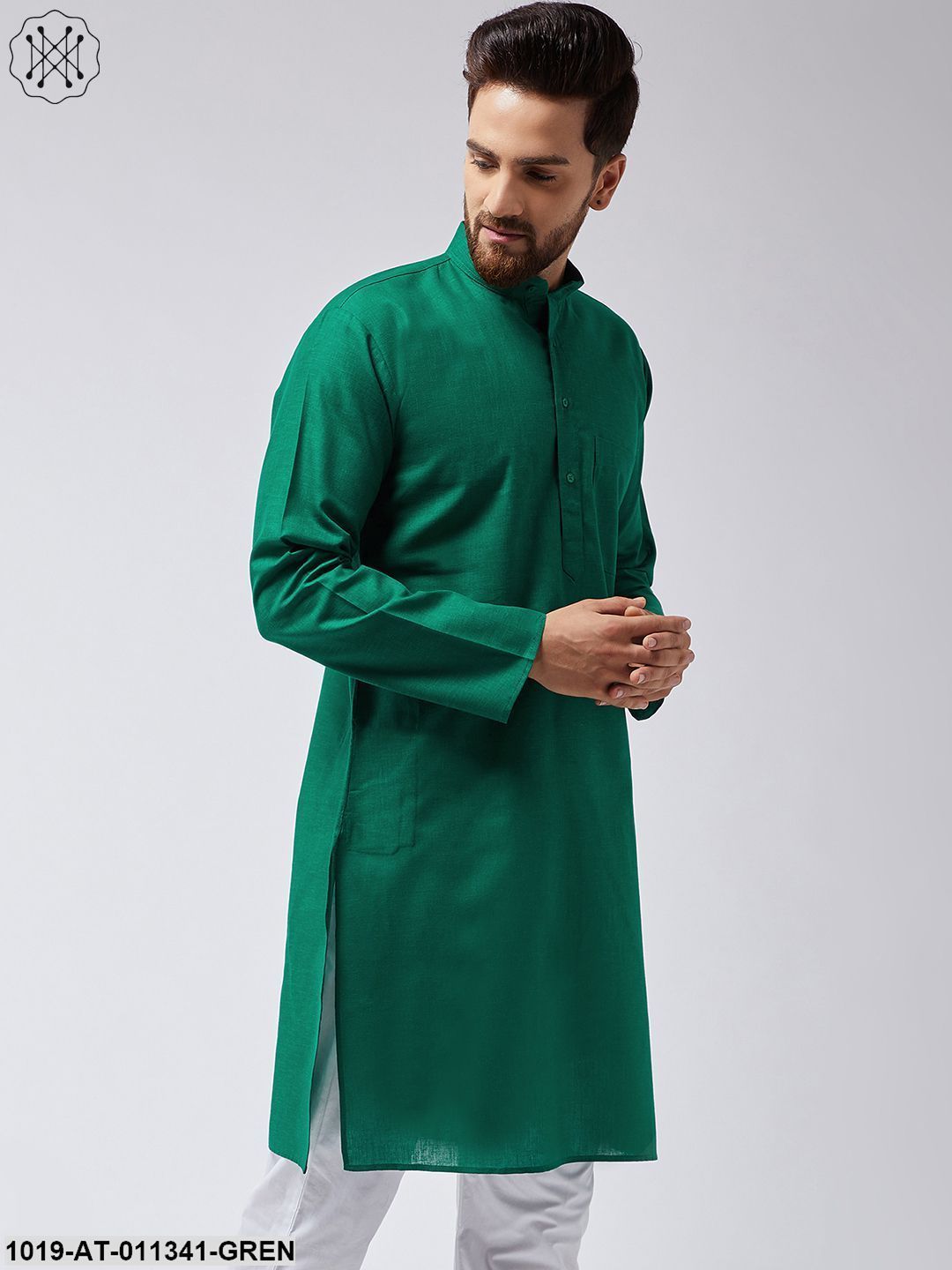 Men's Cotton Linen Dark Green Only Long Kurta - Sojanya