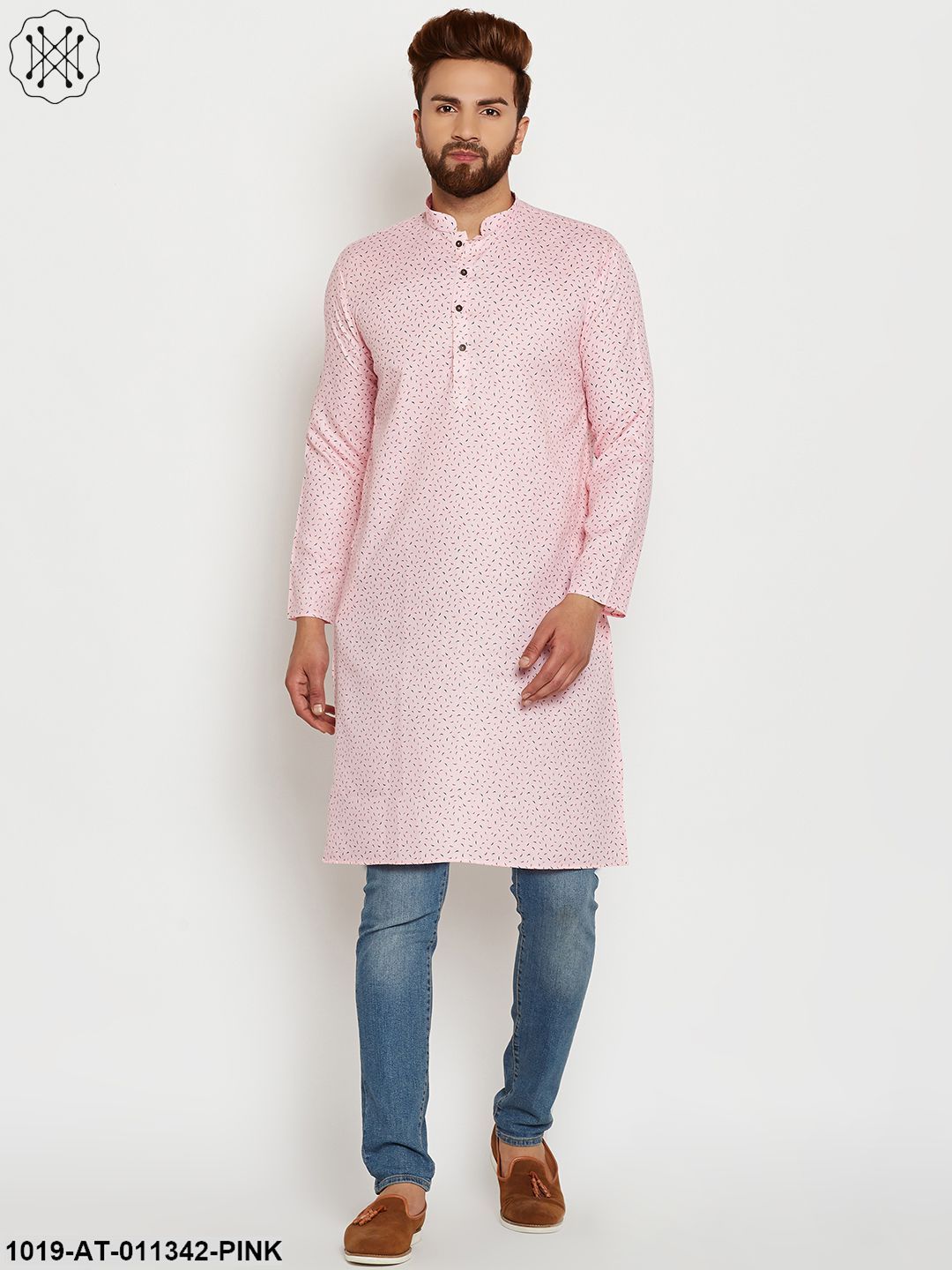 Men's Cotton Pink Printed Only Long Kurta
