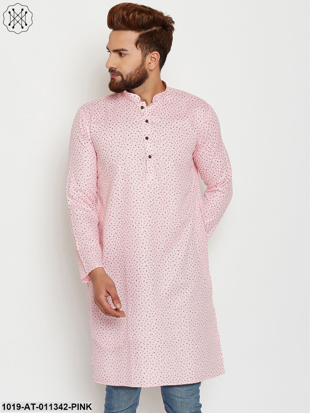 Men's Cotton Pink Printed Only Long Kurta