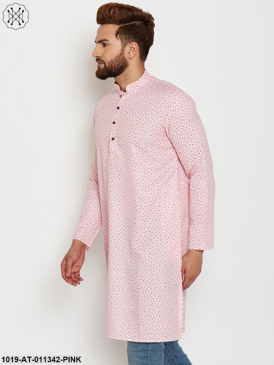 Men's Cotton Pink Printed Only Long Kurta