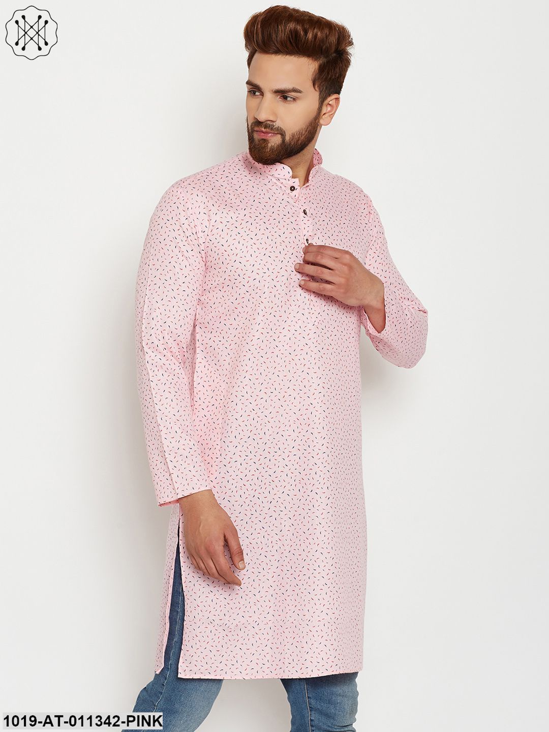 Men's Cotton Pink Printed Only Long Kurta