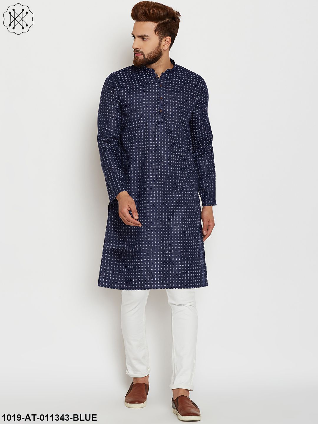 Men's Cotton Navy Blue Printed Only Long Kurta