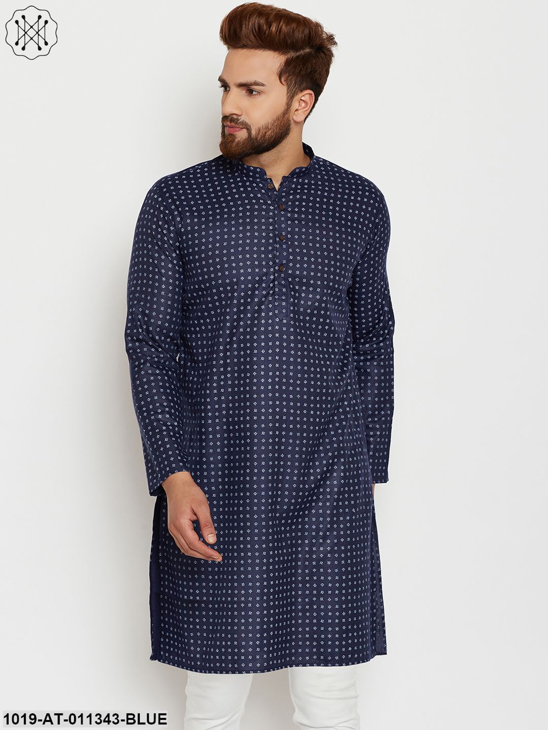 Men's Cotton Navy Blue Printed Only Long Kurta