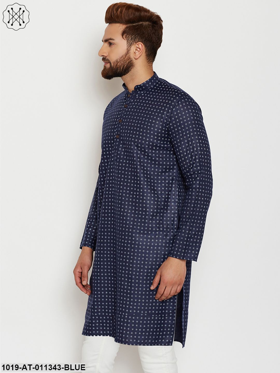 Men's Cotton Navy Blue Printed Only Long Kurta