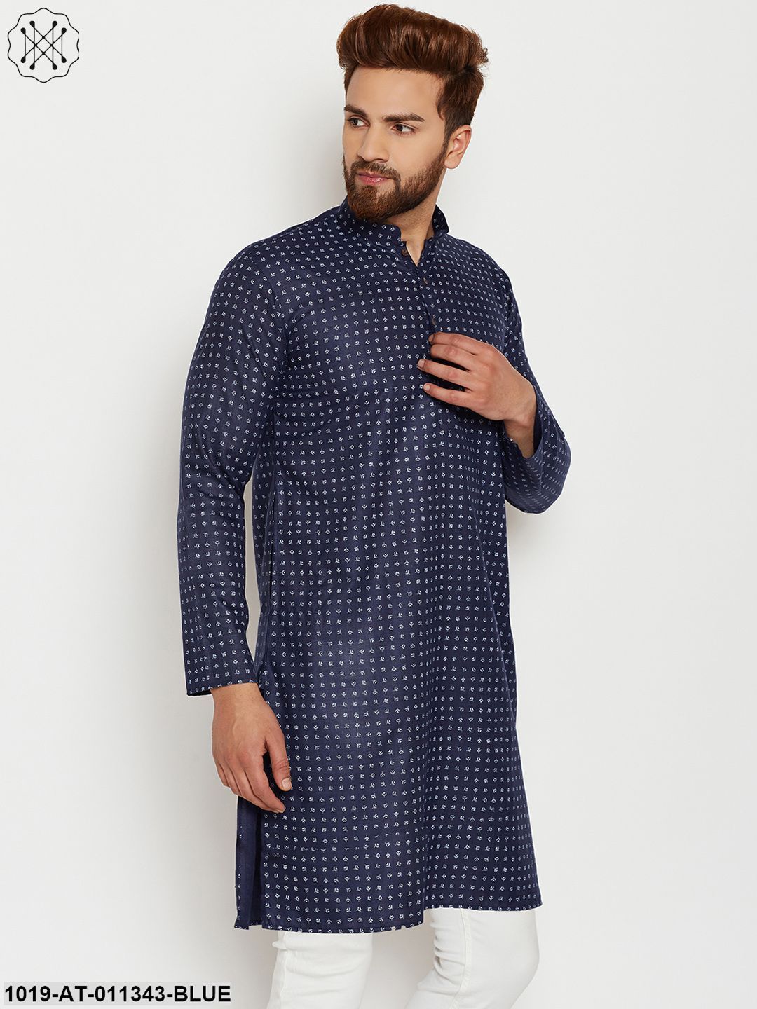 Men's Cotton Navy Blue Printed Only Long Kurta