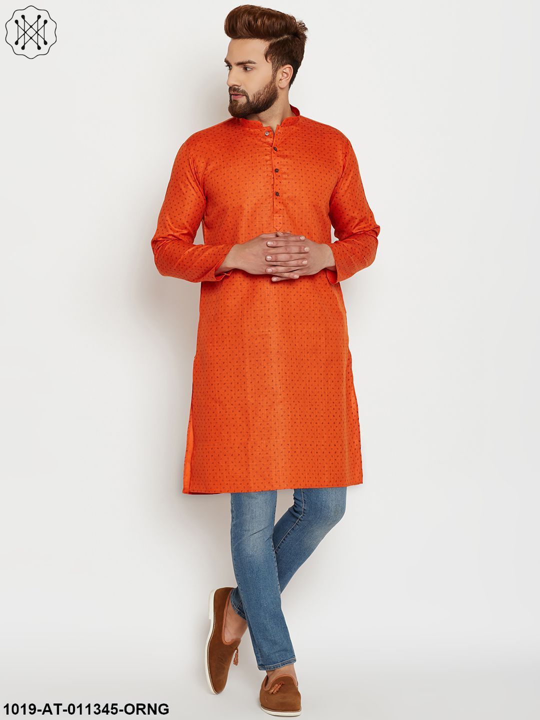 Men's Cotton Orange Printed Only Long Kurta