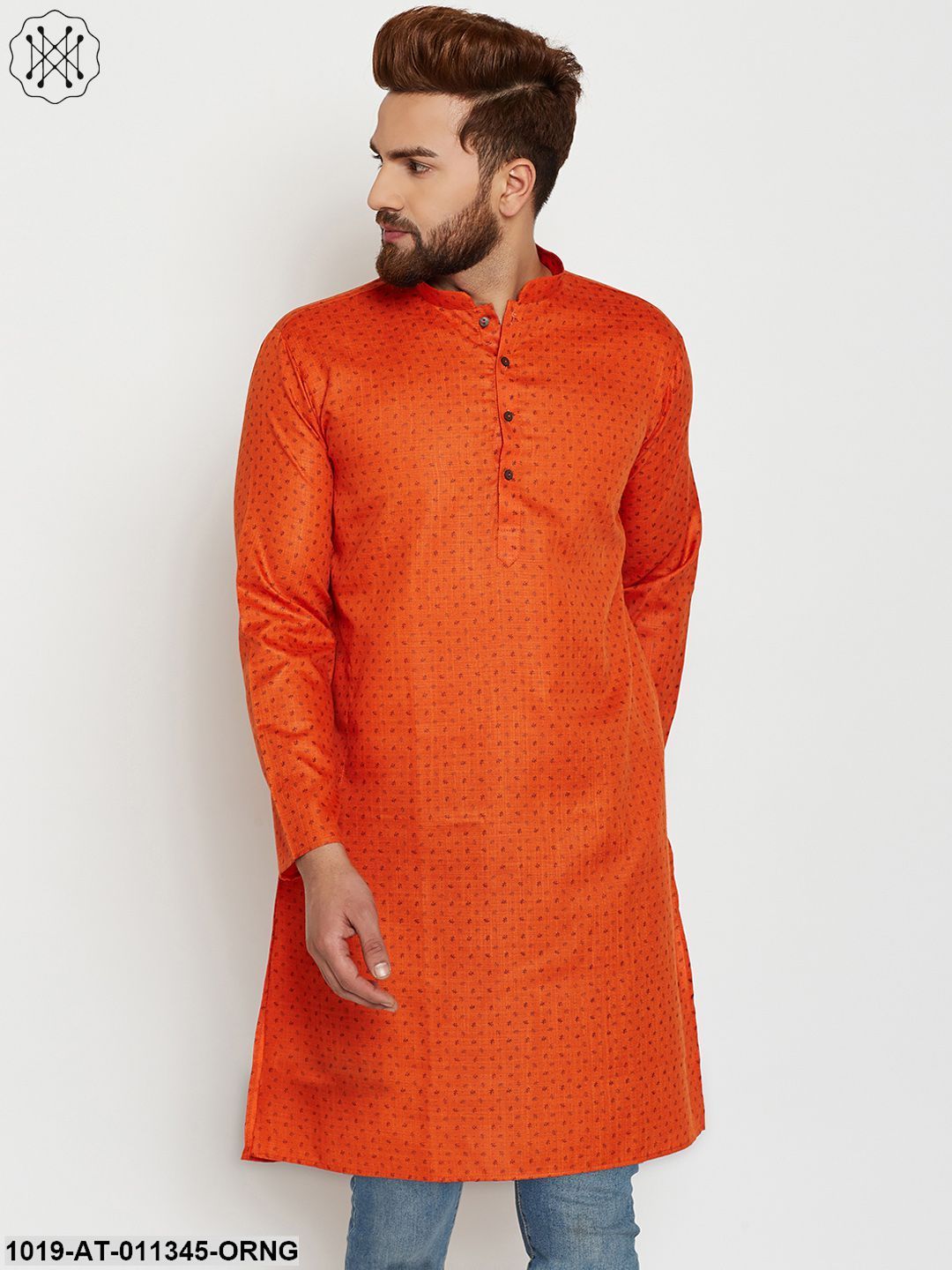 Men's Cotton Orange Printed Only Long Kurta