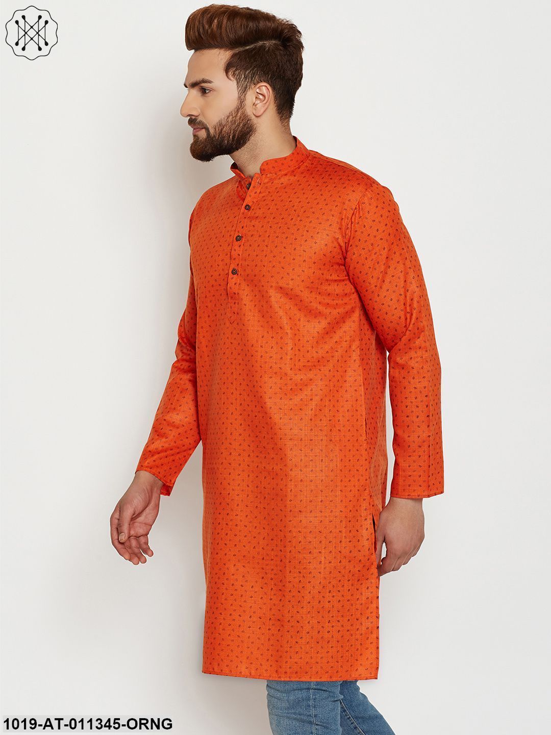 Men's Cotton Orange Printed Only Long Kurta