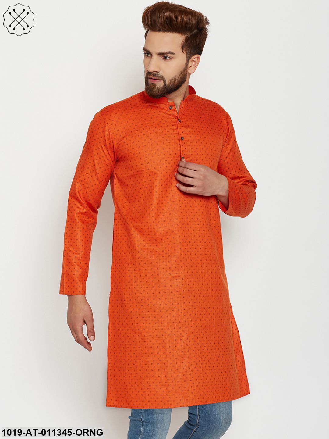 Men's Cotton Orange Printed Only Long Kurta